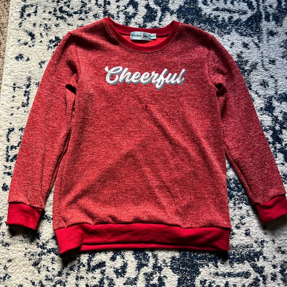 Girls, red sparkly “cheerful” sweatshirt
